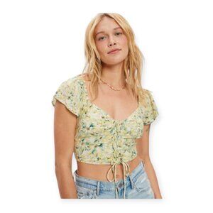 American Eagle XXL Yellow Green Corset Blouse Flutter Sleeve NWT Cute Top 🌿💛